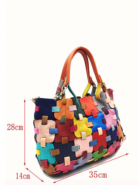 Women Fashion Genuine Leather Plaid Spliced Handbag AH1075 YTPJ