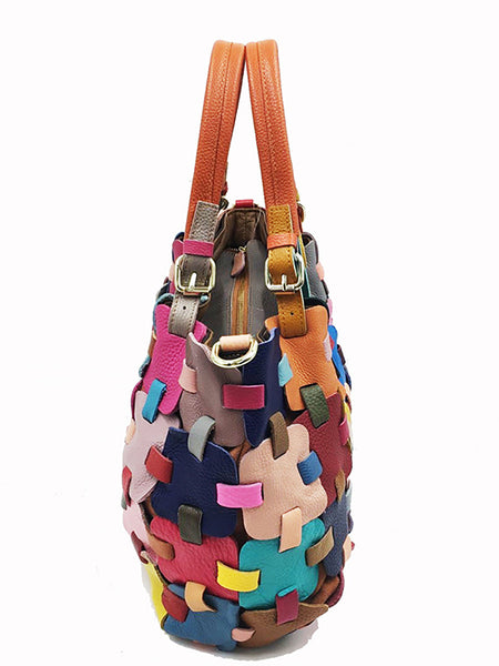 Women Fashion Genuine Leather Plaid Spliced Handbag AH1075 YTPJ