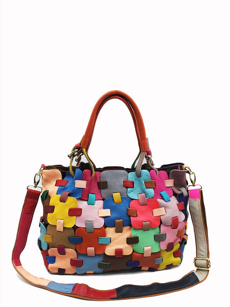 Women Fashion Genuine Leather Plaid Spliced Handbag AH1075 YTPJ