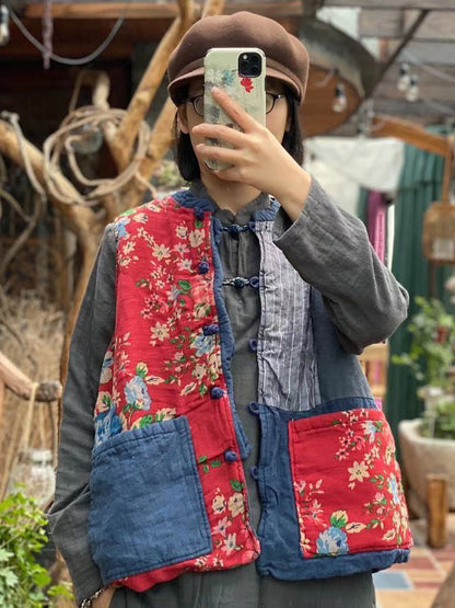 Women Autumn 100%Linen Vintage Patchwork Loose Vest AH1029 JSHY