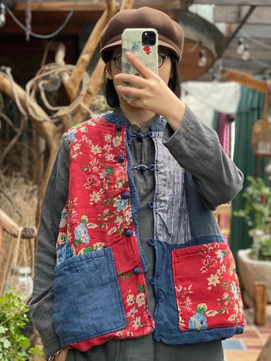 Women Autumn 100%Linen Vintage Patchwork Loose Vest AH1029 JSHY