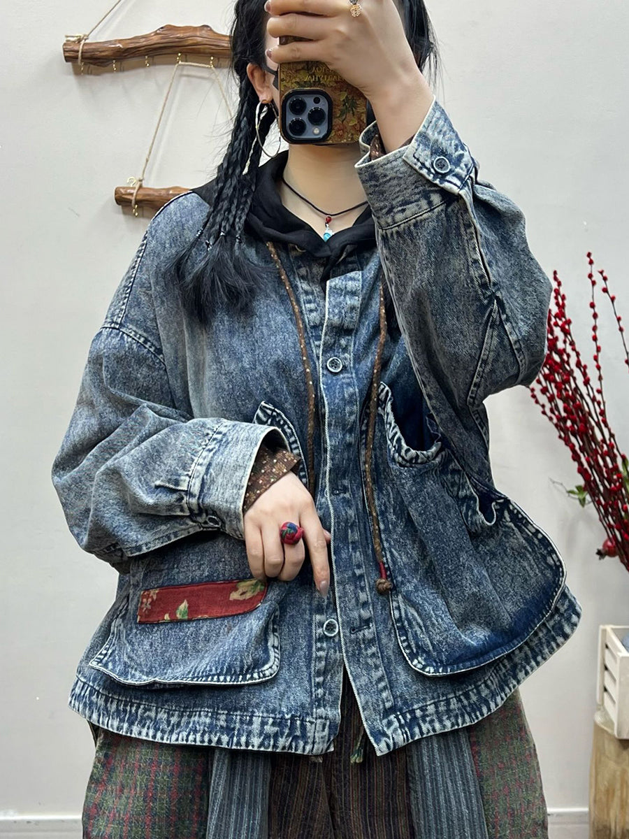 Women Spring Retro Irregular Patch Pocket Denim Coat AT1031 LN