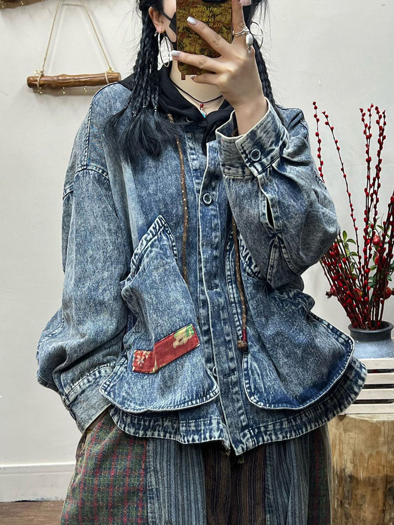 Women Spring Retro Irregular Patch Pocket Denim Coat AT1031 LN