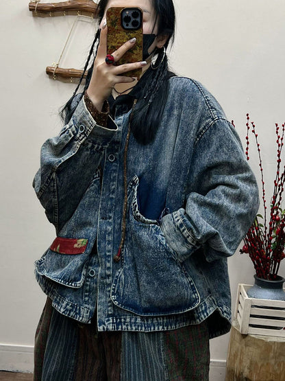 Women Spring Retro Irregular Patch Pocket Denim Coat AT1031 LN