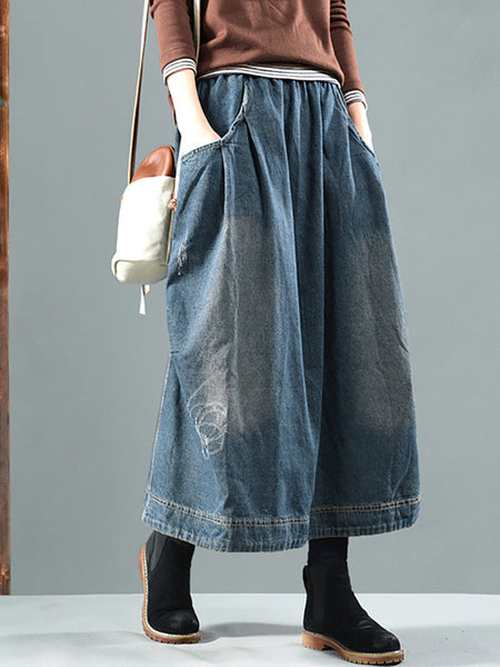Women Retro Fade Pocket Elastic Waist Denim Skirt AI1012 ZMMM