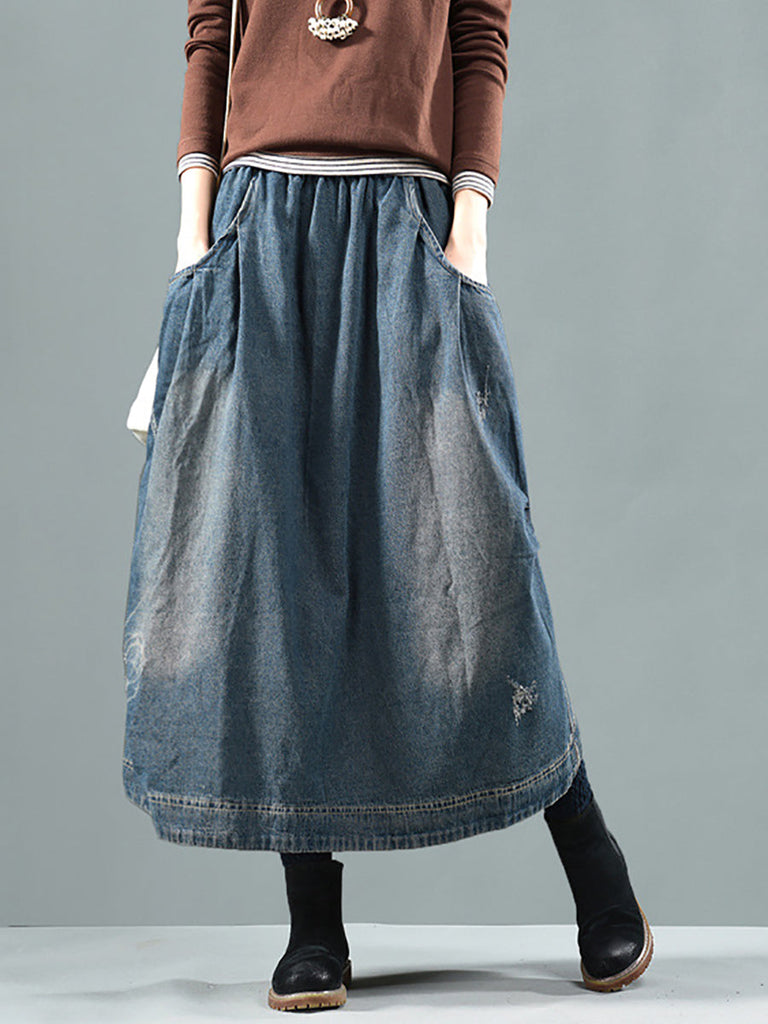 Women Retro Fade Pocket Elastic Waist Denim Skirt AI1012 ZMMM