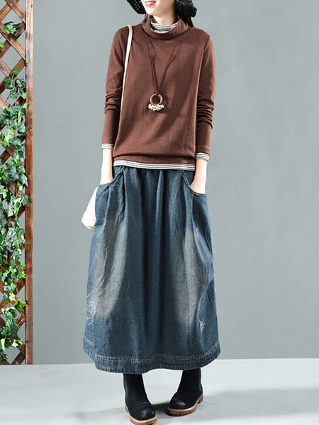 Women Retro Fade Pocket Elastic Waist Denim Skirt AI1012 ZMMM