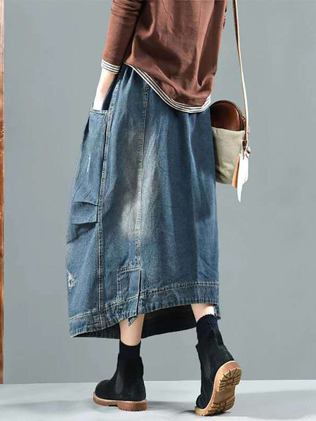 Women Retro Fade Pocket Elastic Waist Denim Skirt AI1012 ZMMM