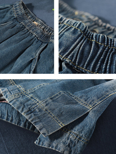 Women Retro Fade Pocket Elastic Waist Denim Skirt AI1012 ZMMM
