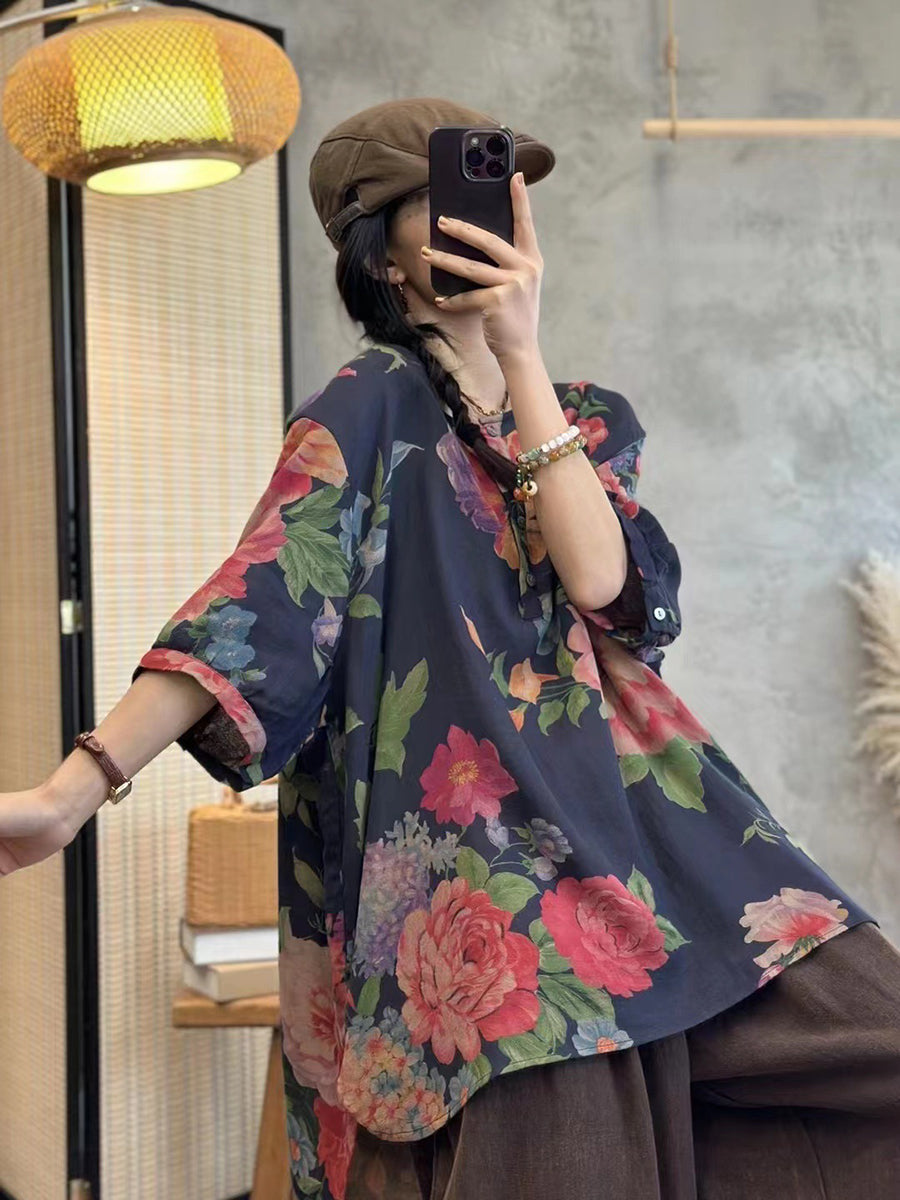 Plus Size Women Summer Casual Flower Button Loose Pullover Shirt HH054 LN