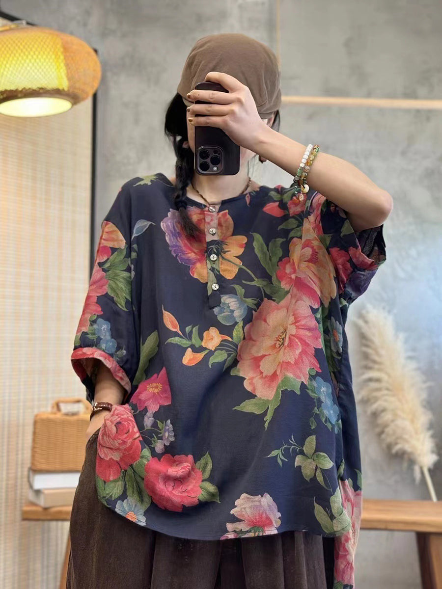 Plus Size Women Summer Casual Flower Button Loose Pullover Shirt HH054 LN