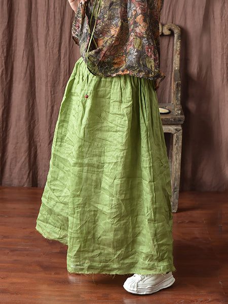 Women Artsy Solid Summer Thin Burrs Ramie Skirt HH024 BUYKUD