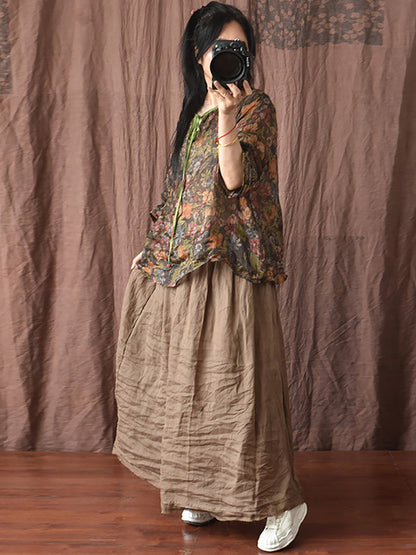 Women Artsy Solid Summer Thin Burrs Ramie Skirt HH024 BUYKUD