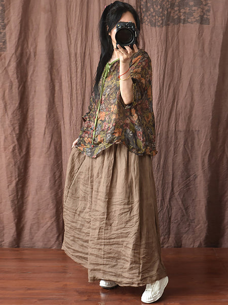 Women Artsy Solid Summer Thin Burrs Ramie Skirt HH024 BUYKUD