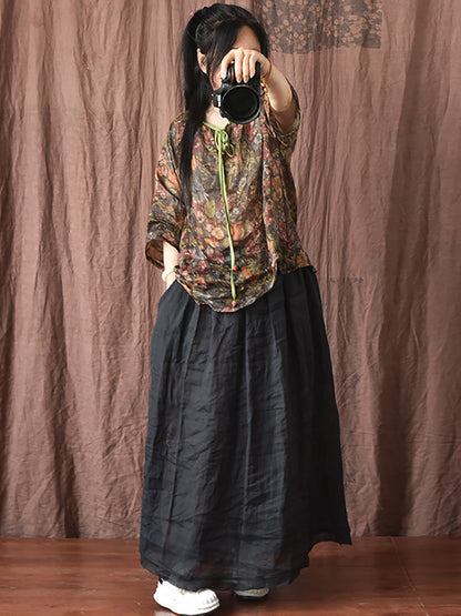 Women Artsy Solid Summer Thin Burrs Ramie Skirt HH024 BUYKUD