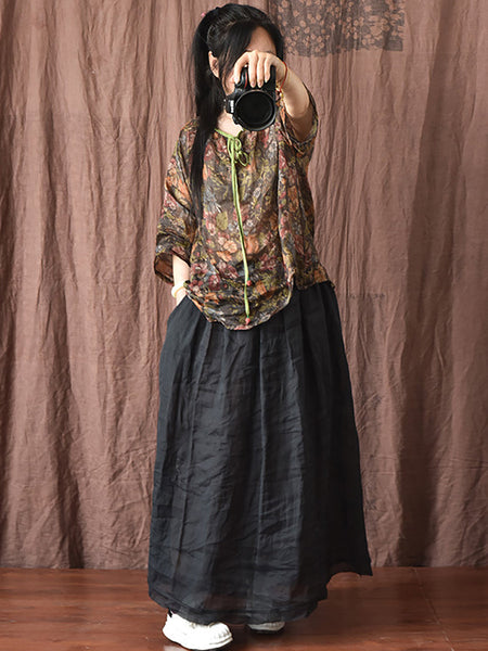 Women Artsy Solid Summer Thin Burrs Ramie Skirt HH024 BUYKUD