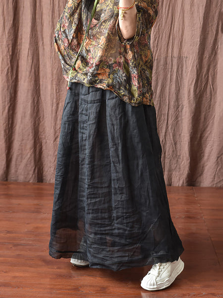 Women Artsy Solid Summer Thin Burrs Ramie Skirt HH024 BUYKUD