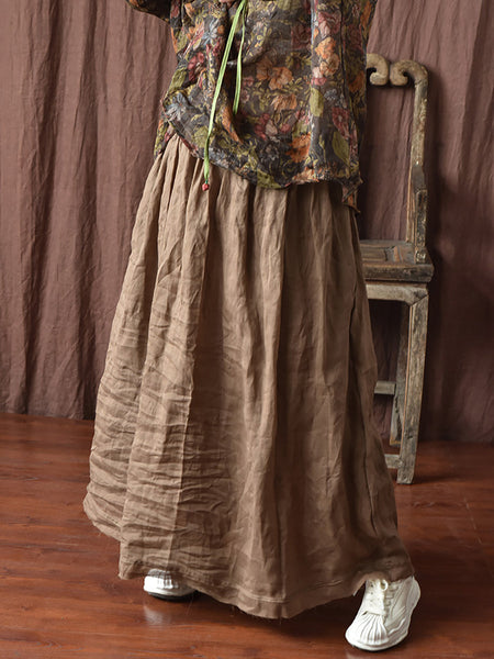 Women Artsy Solid Summer Thin Burrs Ramie Skirt HH024 BUYKUD