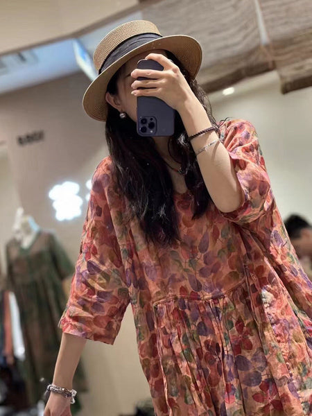 Plus Size Women Summer Pleat Print Stitching Loose Worn Ramie Dress KL1053 Ada Fashion