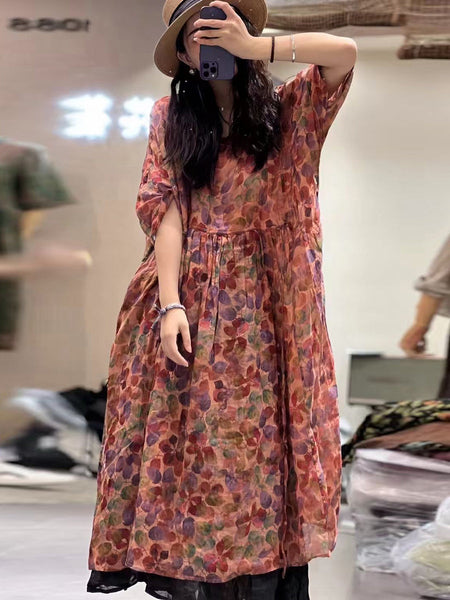 Plus Size Women Summer Pleat Print Stitching Loose Worn Ramie Dress KL1053 Ada Fashion