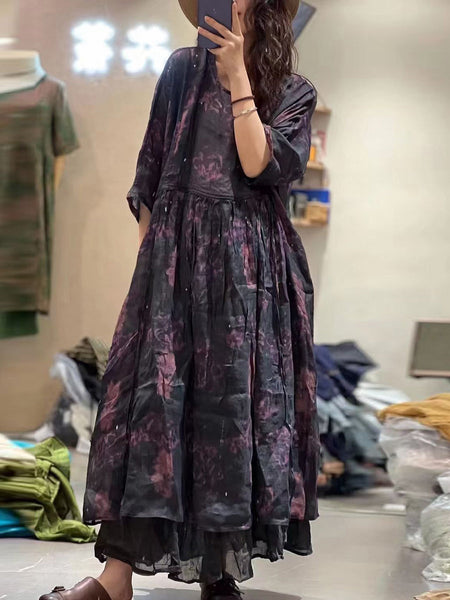 Plus Size Women Summer Pleat Print Stitching Loose Worn Ramie Dress KL1053 Ada Fashion