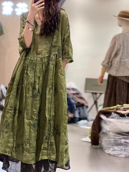 Plus Size Women Summer Pleat Print Stitching Loose Worn Ramie Dress KL1053 Ada Fashion