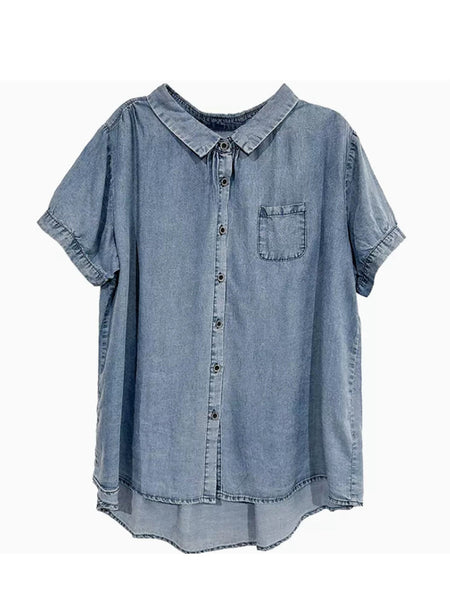 Plus Size Women Summer Solid Button Pocket Denim Shirt PP1021 ZMMM