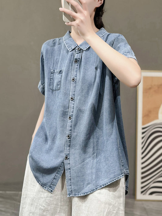 Plus Size Women Summer Solid Button Pocket Denim Shirt PP1021 ZMMM