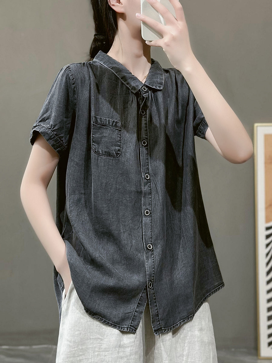 Plus Size Women Summer Solid Button Pocket Denim Shirt PP1021 ZMMM