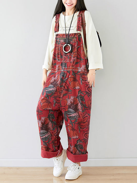 Women Autumn Artsy Flower Pocket Loose Denim Jumpsuits AI1071 YTLSFZ