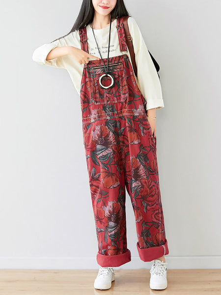 Women Autumn Artsy Flower Pocket Loose Denim Jumpsuits AI1071 YTLSFZ