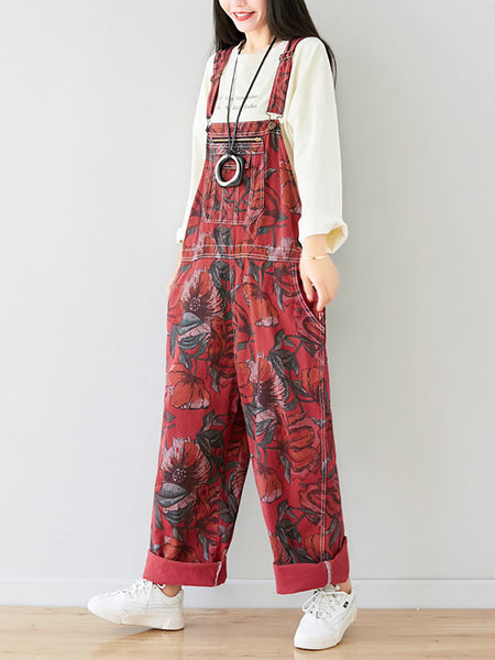 Women Autumn Artsy Flower Pocket Loose Denim Jumpsuits AI1071 YTLSFZ