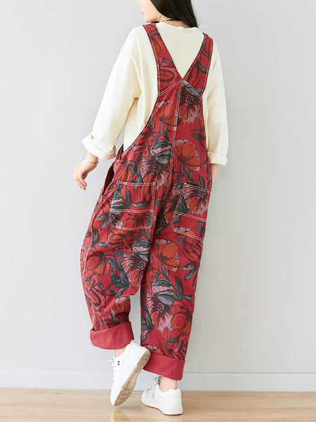 Women Autumn Artsy Flower Pocket Loose Denim Jumpsuits AI1071 YTLSFZ