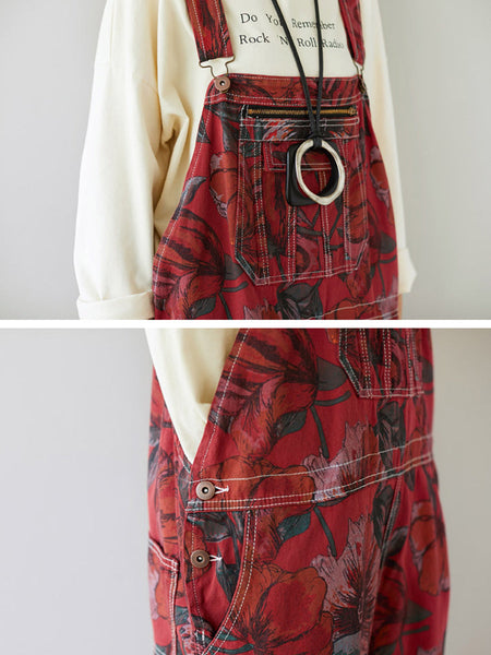 Women Autumn Artsy Flower Pocket Loose Denim Jumpsuits AI1071 YTLSFZ