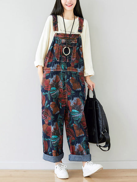 Women Autumn Artsy Flower Pocket Loose Denim Jumpsuits AI1071 YTLSFZ
