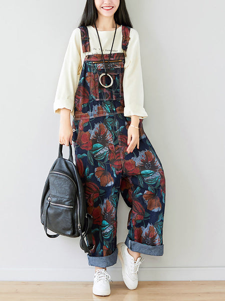 Women Autumn Artsy Flower Pocket Loose Denim Jumpsuits AI1071 YTLSFZ