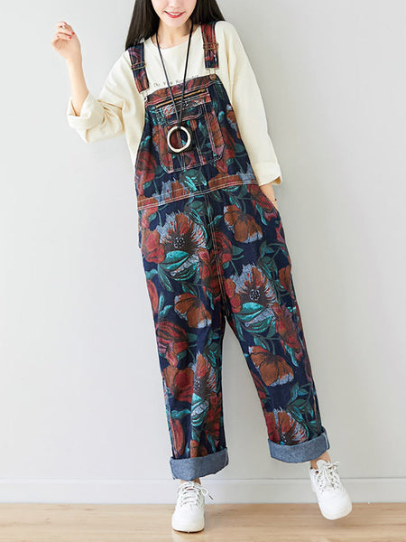 Women Autumn Artsy Flower Pocket Loose Denim Jumpsuits AI1071 YTLSFZ