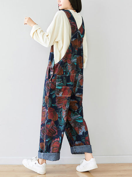 Women Autumn Artsy Flower Pocket Loose Denim Jumpsuits AI1071 YTLSFZ