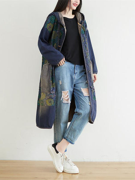 Women Casual Sunflower Denim Hooded Coat AI1022 YTLSFZ