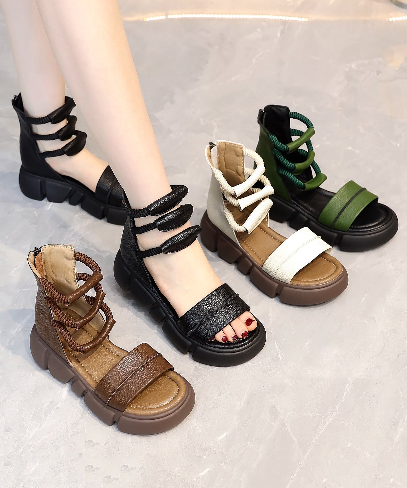 2024 Brown Open Toe Platform Sole Casual Roman Cool Boots XC1056 Ada Fashion