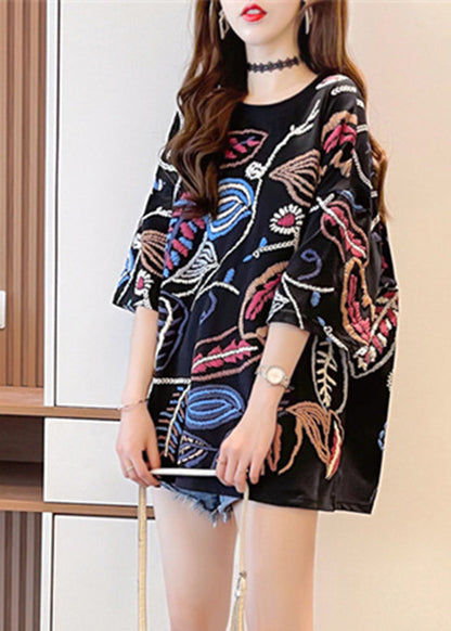 2024 Fashion Black O-Neck Print Top Summer VB1067 Ada Fashion