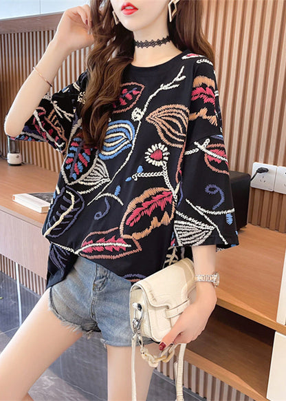 2024 Fashion Black O-Neck Print Top Summer VB1067 Ada Fashion