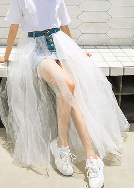2024 New Black Tulle Patchwork Denim Skirt For Summer QQ1039 Ada Fashion