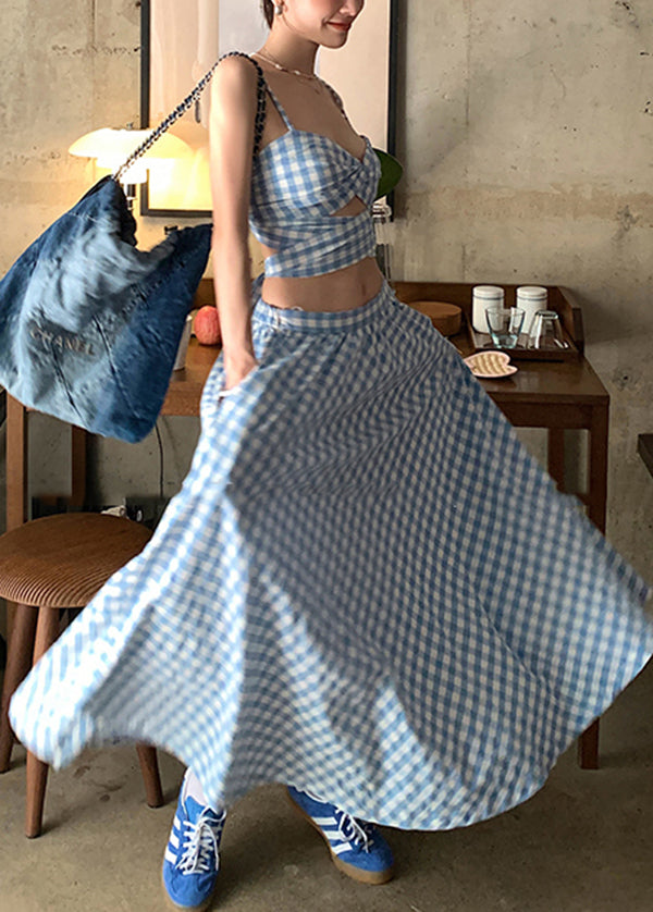 2024 New Blue Plaid Suspended Tank Top High Waist Skirt Summer Set EE1006 SH-LF-TPIEC240517