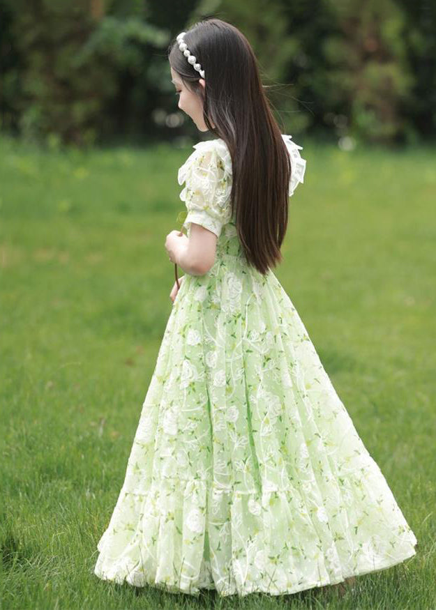 2024 New Green Peter Pan Collar Print Tie Waist Chiffon Girls Maxi Dress Short Sleeve XZ006 SDGL240618