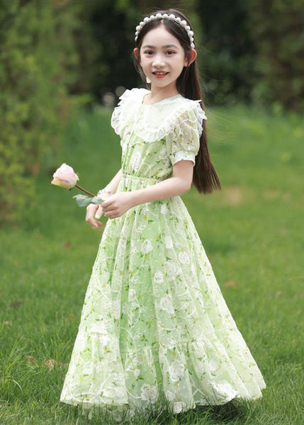 2024 New Green Peter Pan Collar Print Tie Waist Chiffon Girls Maxi Dress Short Sleeve XZ006 SDGL240618