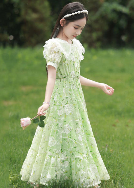 2024 New Green Peter Pan Collar Print Tie Waist Chiffon Girls Maxi Dress Short Sleeve XZ006 SDGL240618