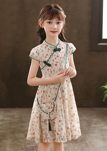 2024 New Green Stand Collar Print Girls Maxi Dresses Short Sleeve MN010 MM-RCTZ-SDL240701