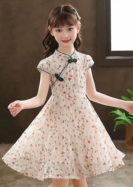 2024 New Green Stand Collar Print Girls Maxi Dresses Short Sleeve MN010 MM-RCTZ-SDL240701