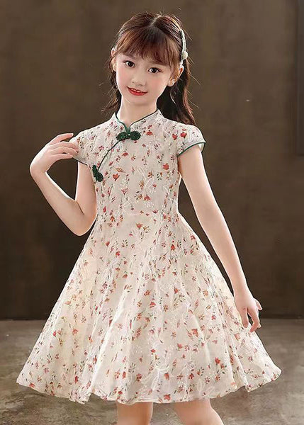 2024 New Green Stand Collar Print Girls Maxi Dresses Short Sleeve MN010 MM-RCTZ-SDL240701